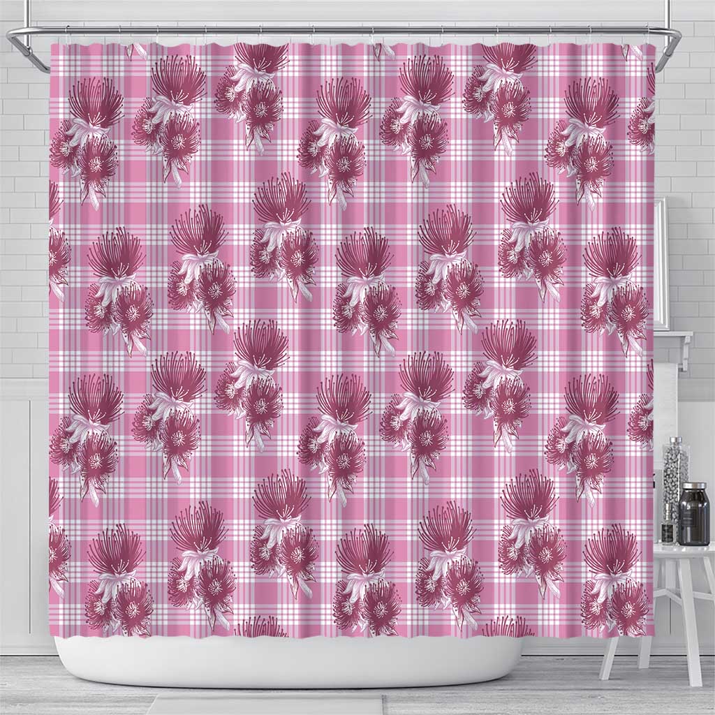 Pink Palaka Hawaii Shower Curtain Hawaiian Lehua Blossoms