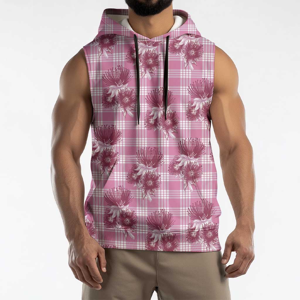Pink Palaka Hawaii Sleeveless Hoodie Hawaiian Lehua Blossoms