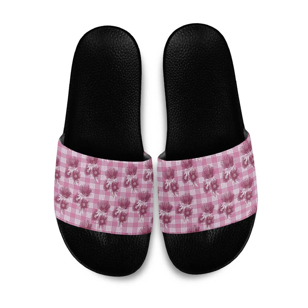 Pink Palaka Hawaii Slide Sandals Hawaiian Lehua Blossoms
