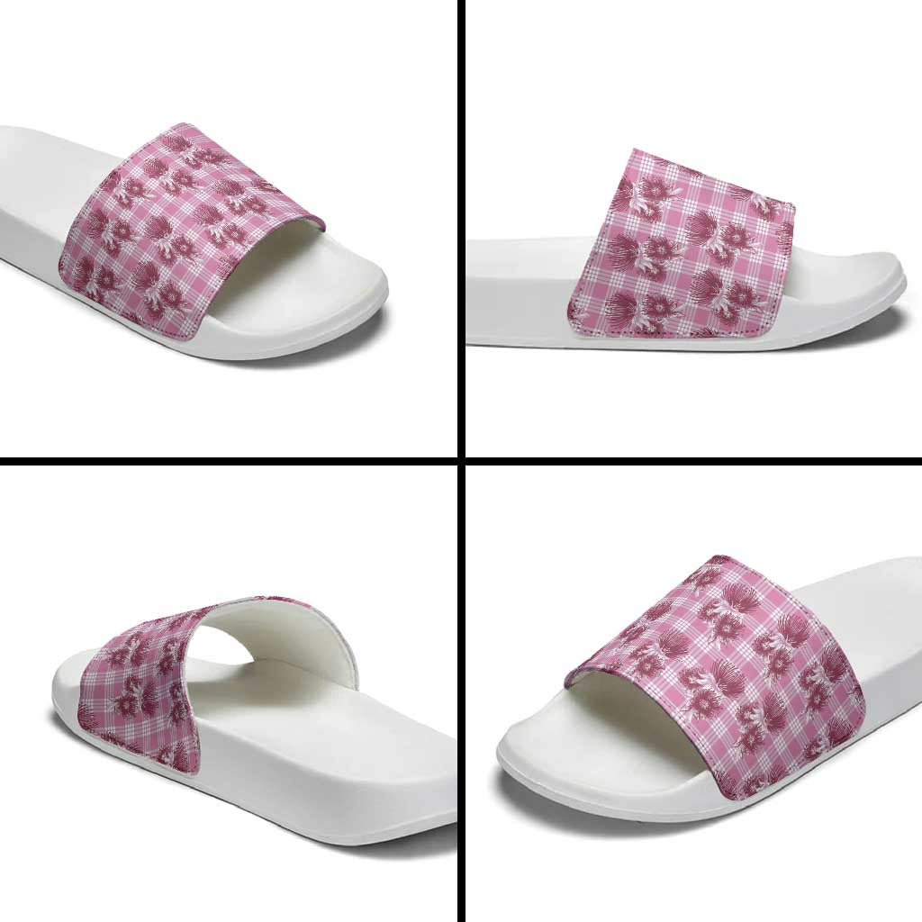 Pink Palaka Hawaii Slide Sandals Hawaiian Lehua Blossoms
