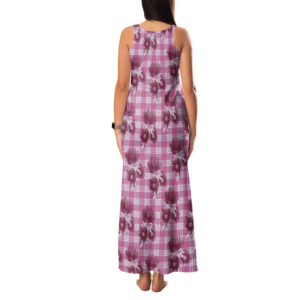 Pink Palaka Hawaii Tank Maxi Dress Hawaiian Lehua Blossoms