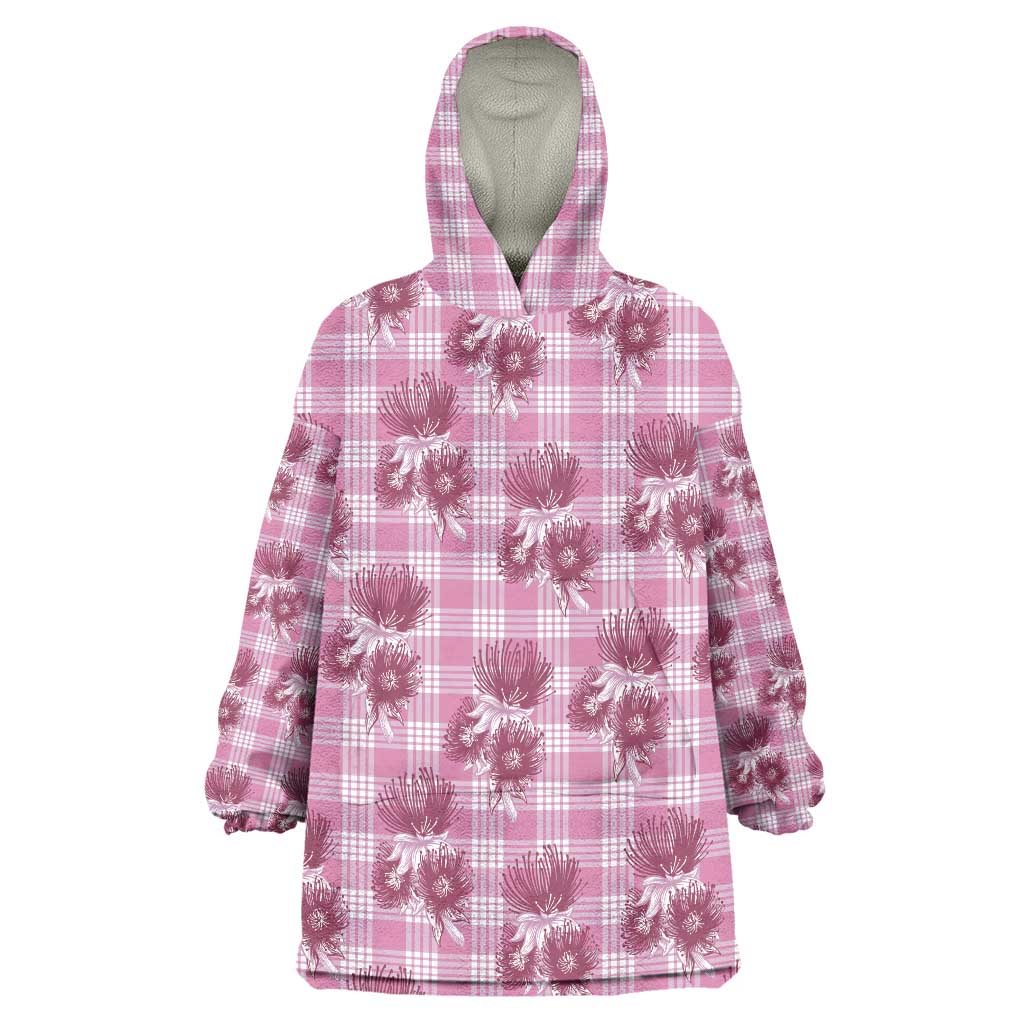 Pink Palaka Hawaii Wearable Blanket Hoodie Hawaiian Lehua Blossoms