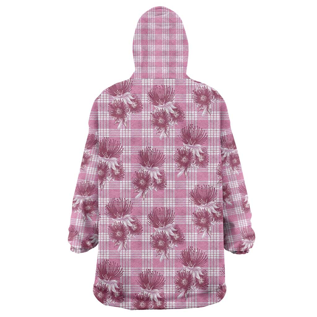 Pink Palaka Hawaii Wearable Blanket Hoodie Hawaiian Lehua Blossoms