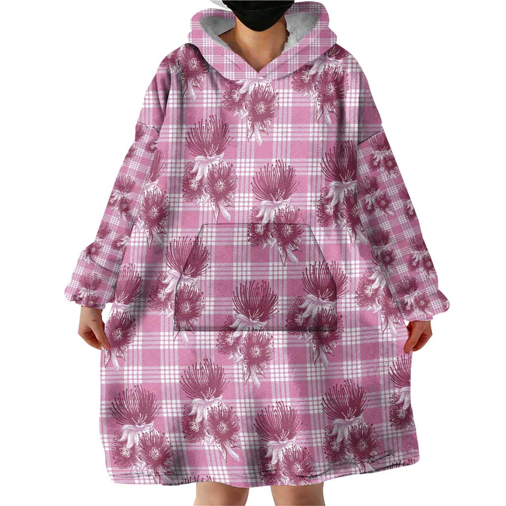 Pink Palaka Hawaii Wearable Blanket Hoodie Hawaiian Lehua Blossoms