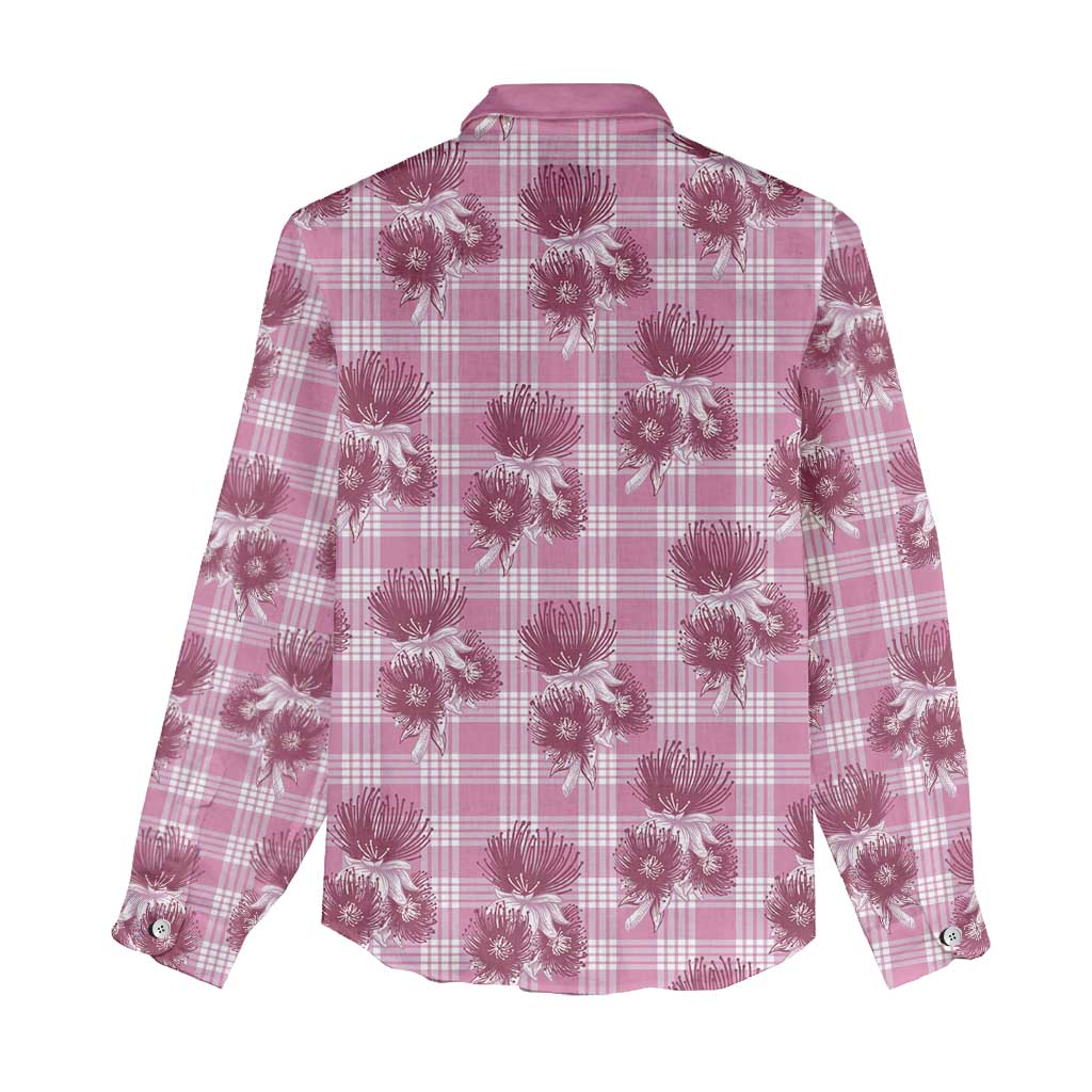 Pink Palaka Hawaii Women Casual Shirt Hawaiian Lehua Blossoms