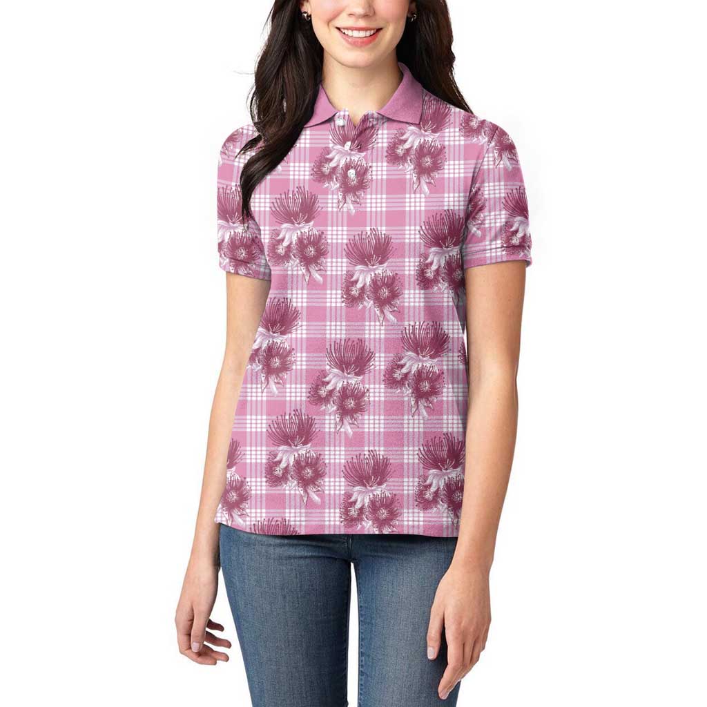 Pink Palaka Hawaii Women Polo Shirt Hawaiian Lehua Blossoms