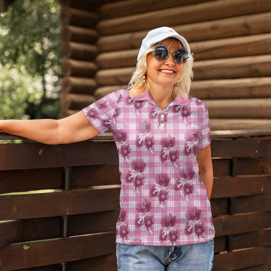 Pink Palaka Hawaii Women Polo Shirt Hawaiian Lehua Blossoms