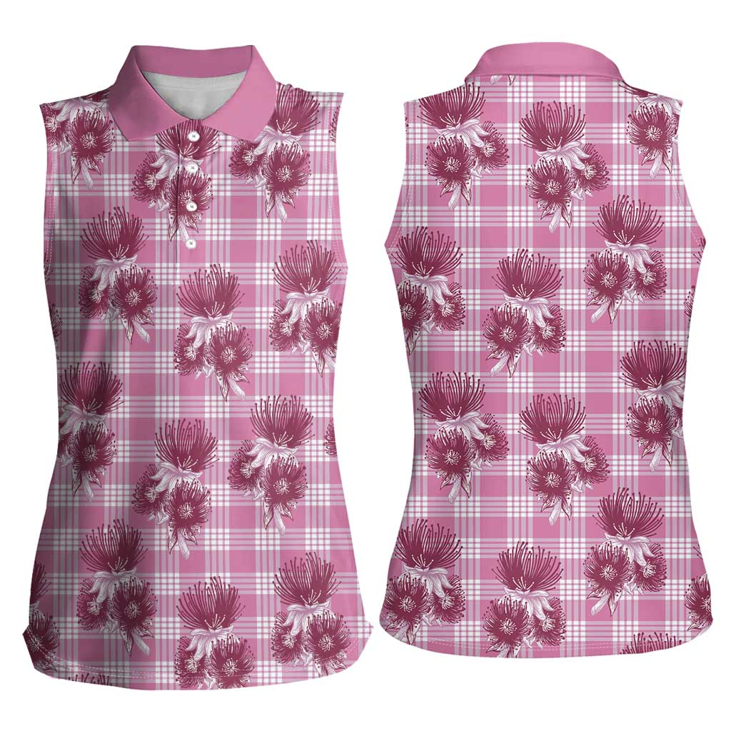Pink Palaka Hawaii Women Sleeveless Polo Shirt Hawaiian Lehua Blossoms