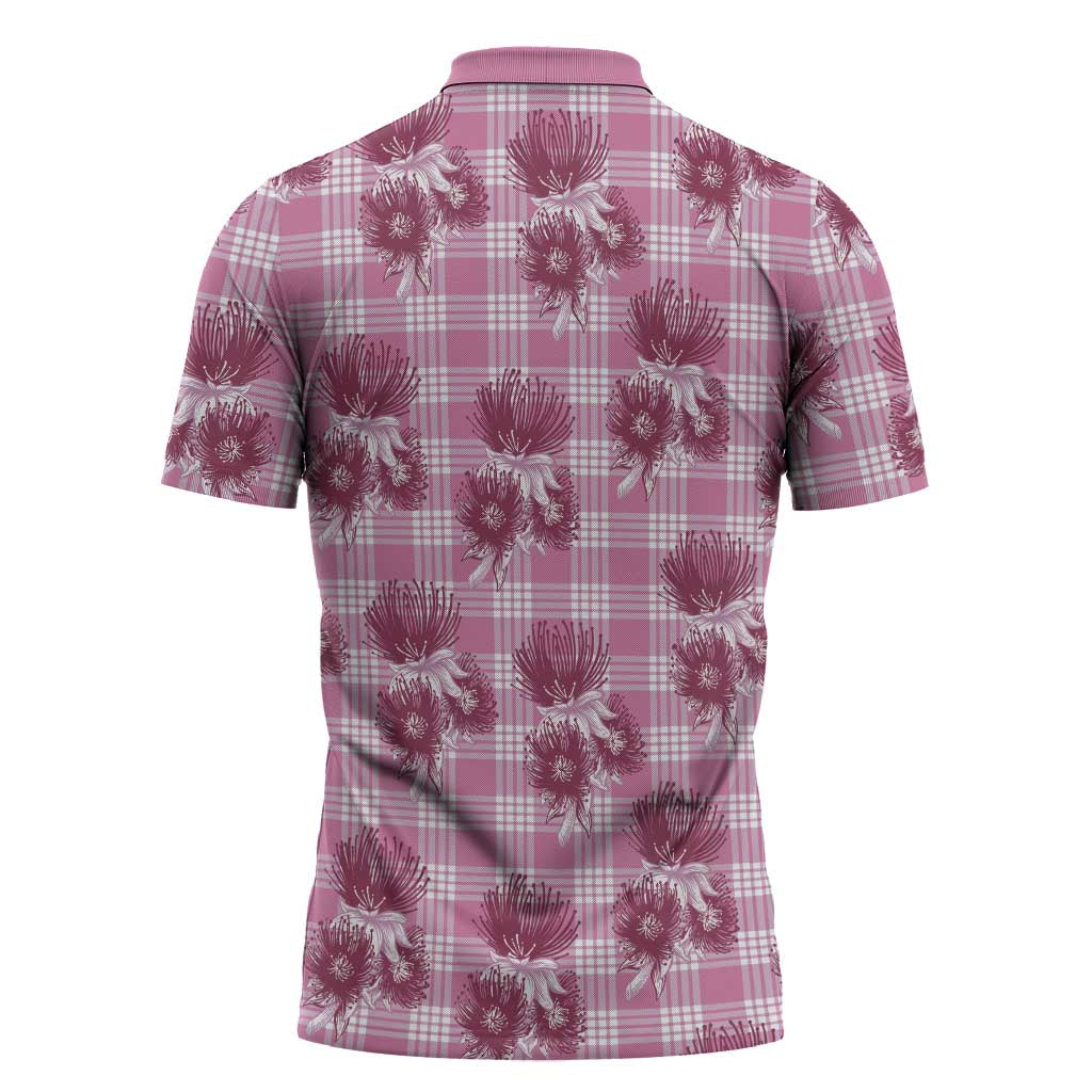 Pink Palaka Hawaii Zipper Polo Shirt Hawaiian Lehua Blossoms