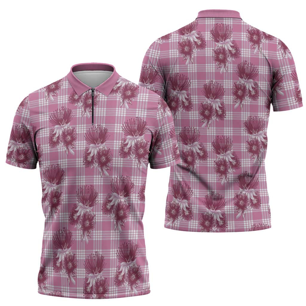 Pink Palaka Hawaii Zipper Polo Shirt Hawaiian Lehua Blossoms