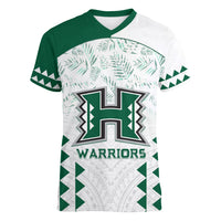 Custom Hawaii Football Women V Neck T Shirt Rainbow Warriors Kakau Pattern LT05 Female White - Polynesian Pride