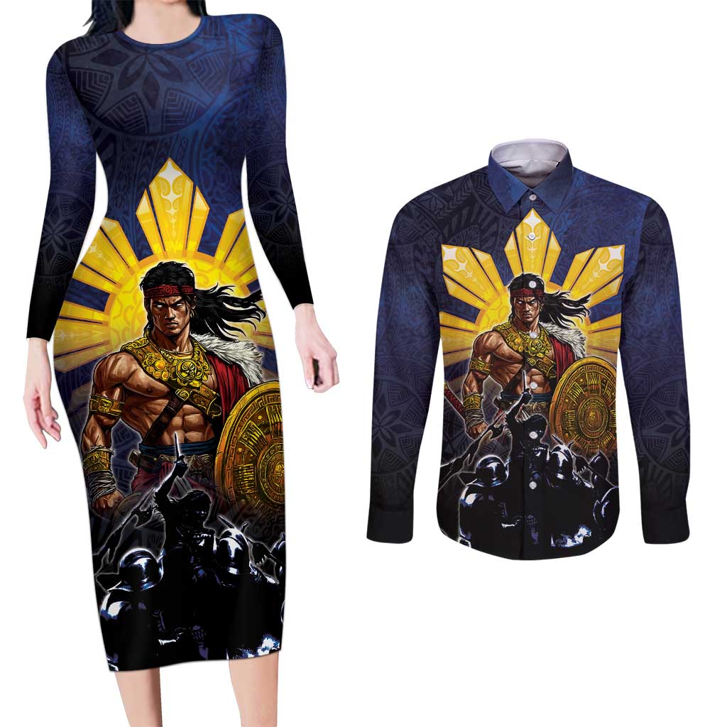 Philippines The First Hero Couples Matching Long Sleeve Bodycon Dress and Long Sleeve Button Shirt Lapu Lapu Know Your Roots LT05 Navy - Polynesian Pride