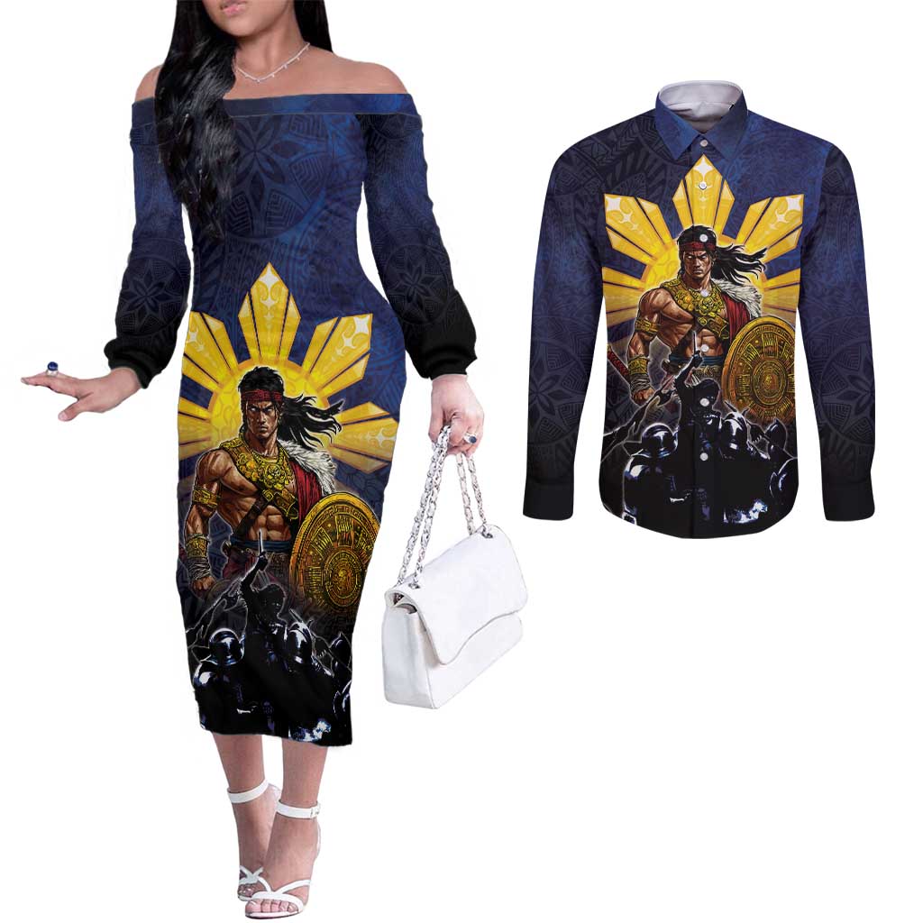 Philippines The First Hero Couples Matching Off The Shoulder Long Sleeve Dress and Long Sleeve Button Shirt Lapu Lapu Know Your Roots LT05 Navy - Polynesian Pride