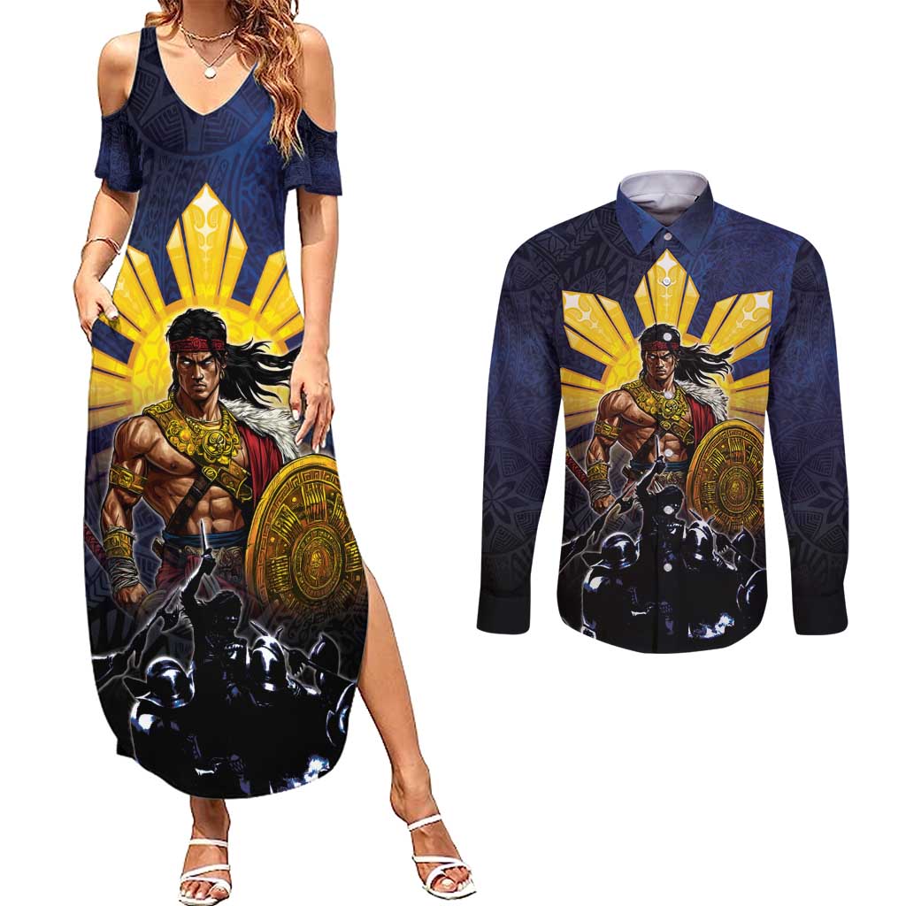 Philippines The First Hero Couples Matching Summer Maxi Dress and Long Sleeve Button Shirt Lapu Lapu Know Your Roots LT05 Navy - Polynesian Pride