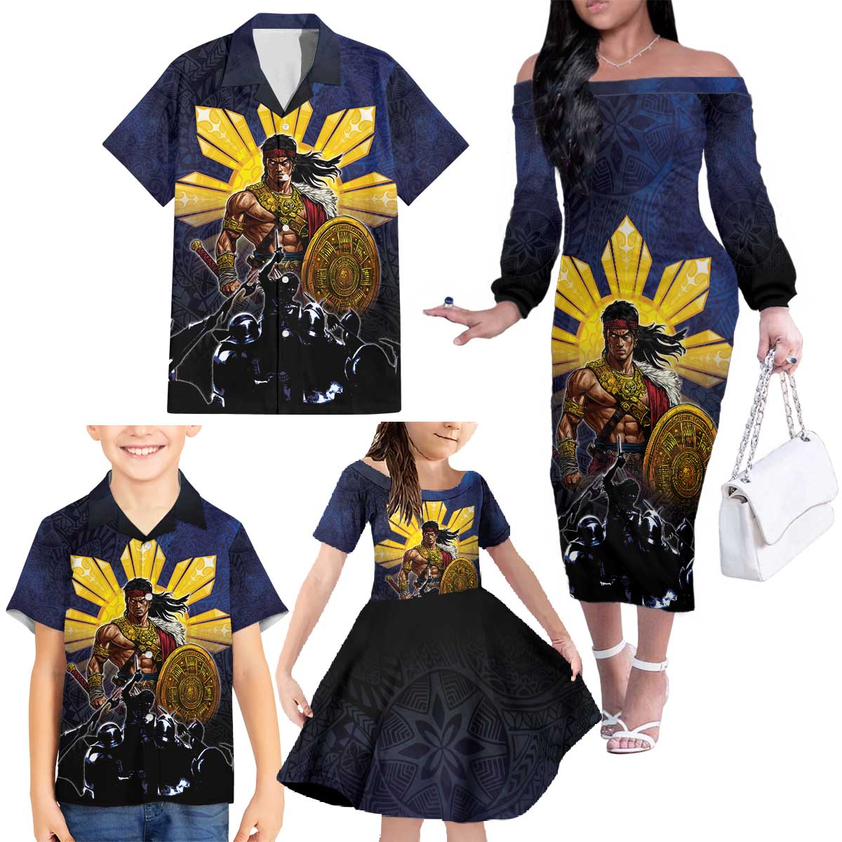 Philippines The First Hero Family Matching Off The Shoulder Long Sleeve Dress and Hawaiian Shirt Lapu Lapu Know Your Roots