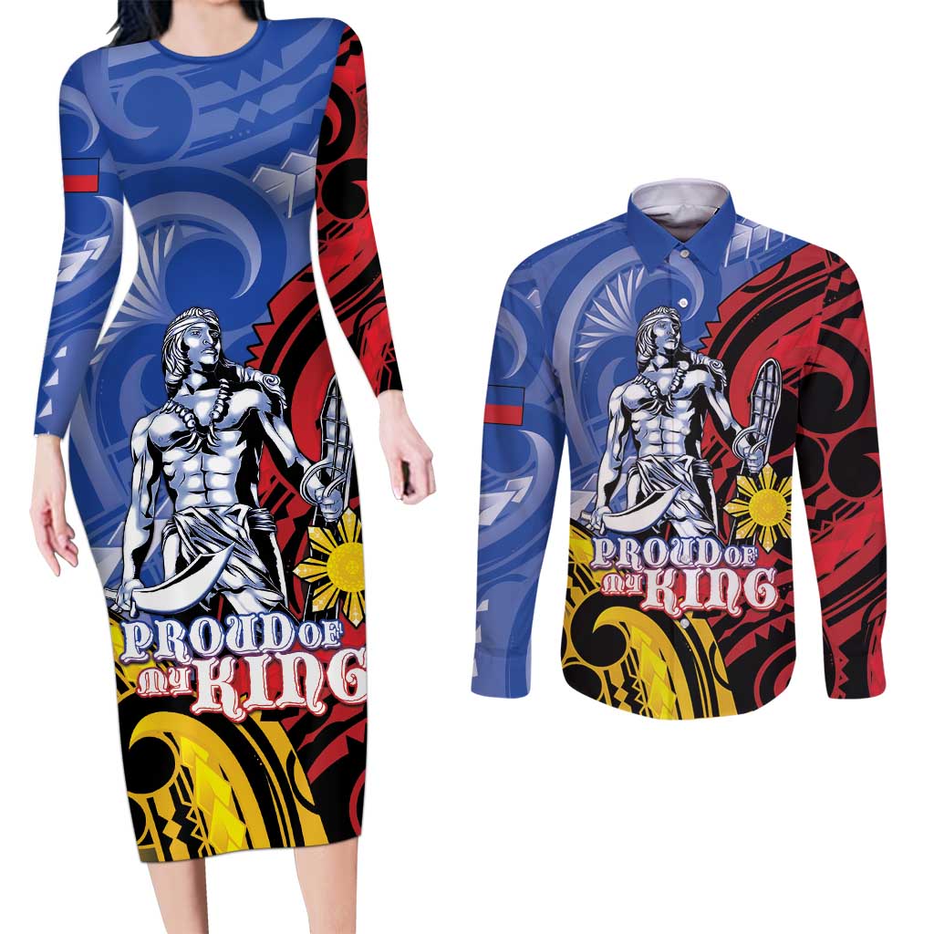 Philippines Lapu-Lapu Couples Matching Long Sleeve Bodycon Dress and Long Sleeve Button Shirt Proud Of My King LT05 Blue - Polynesian Pride