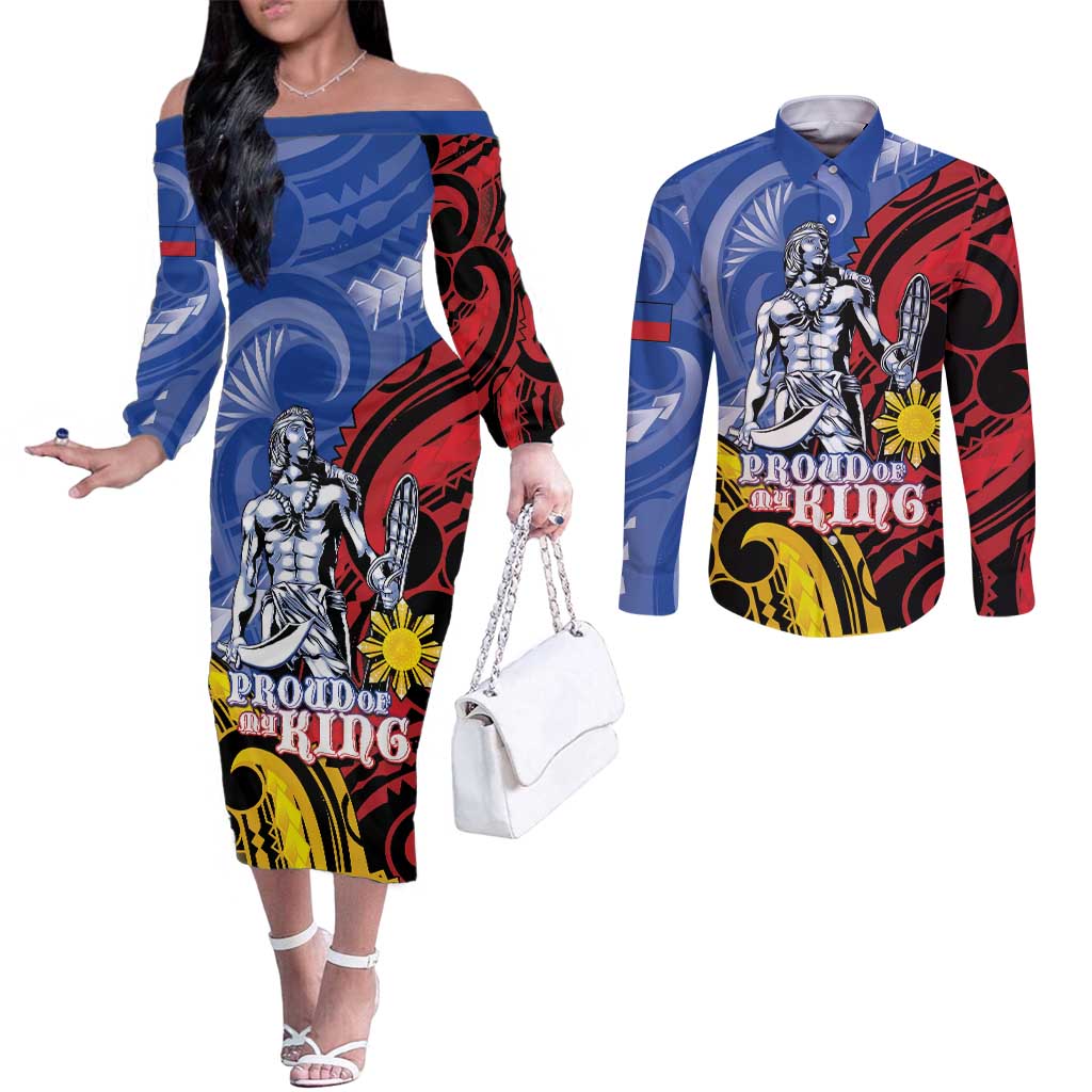 Philippines Lapu-Lapu Couples Matching Off The Shoulder Long Sleeve Dress and Long Sleeve Button Shirt Proud Of My King LT05 Blue - Polynesian Pride