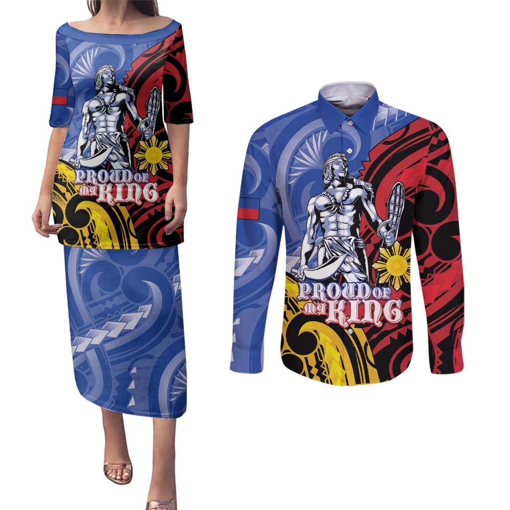 Philippines Lapu-Lapu Couples Matching Puletasi and Long Sleeve Button Shirt Proud Of My King LT05 Blue - Polynesian Pride