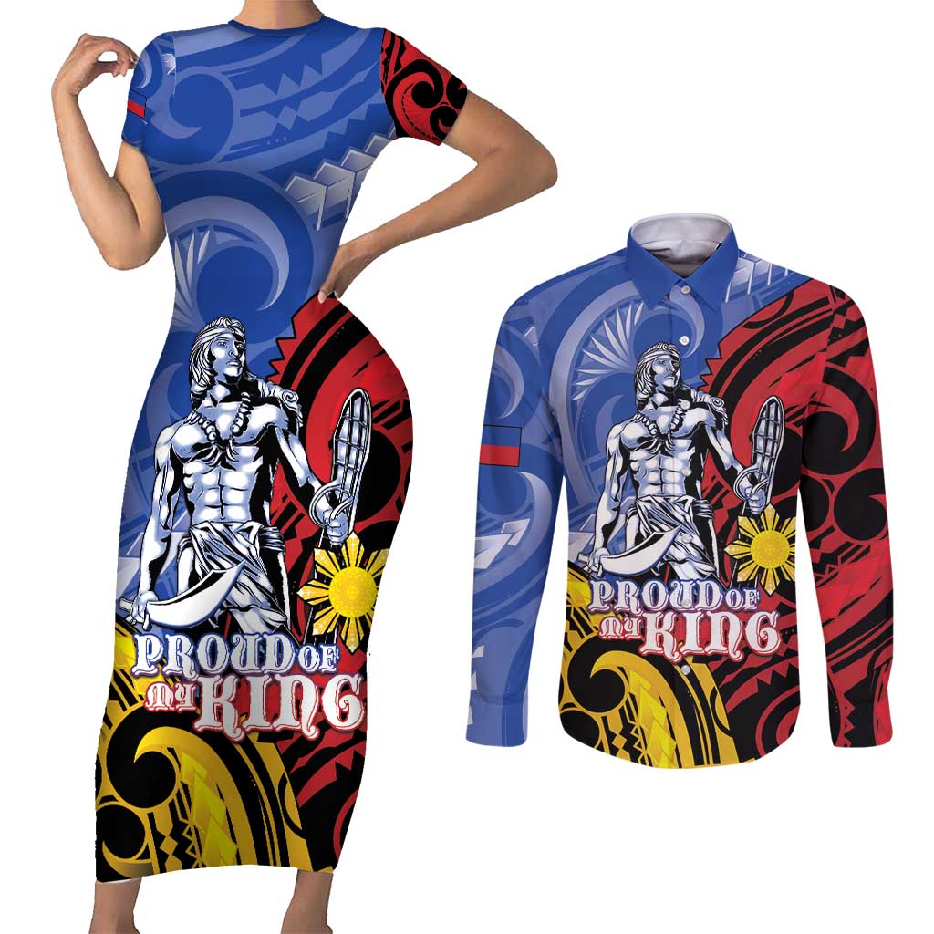 Philippines Lapu-Lapu Couples Matching Short Sleeve Bodycon Dress and Long Sleeve Button Shirt Proud Of My King LT05 Blue - Polynesian Pride