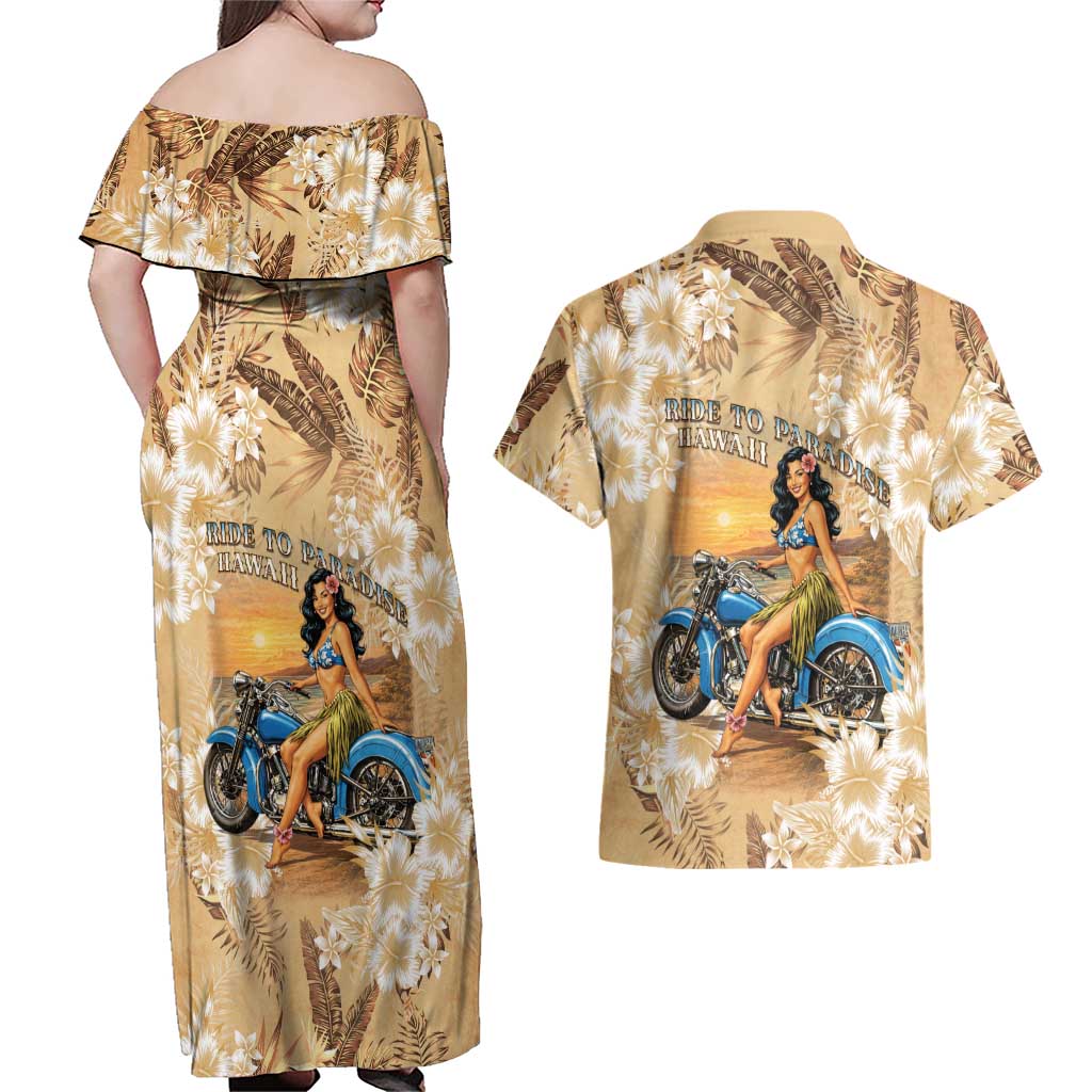 Aloha Hawaii Biker Couples Matching Off Shoulder Maxi Dress and Hawaiian Shirt Ride To Paradise