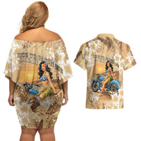 Aloha Hawaii Biker Couples Matching Off Shoulder Short Dress and Hawaiian Shirt Ride To Paradise