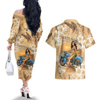 Aloha Hawaii Biker Couples Matching Off The Shoulder Long Sleeve Dress and Hawaiian Shirt Ride To Paradise