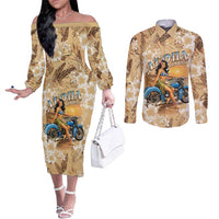 Aloha Hawaii Biker Couples Matching Off The Shoulder Long Sleeve Dress and Long Sleeve Button Shirt Ride To Paradise