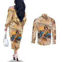 Aloha Hawaii Biker Couples Matching Off The Shoulder Long Sleeve Dress and Long Sleeve Button Shirt Ride To Paradise