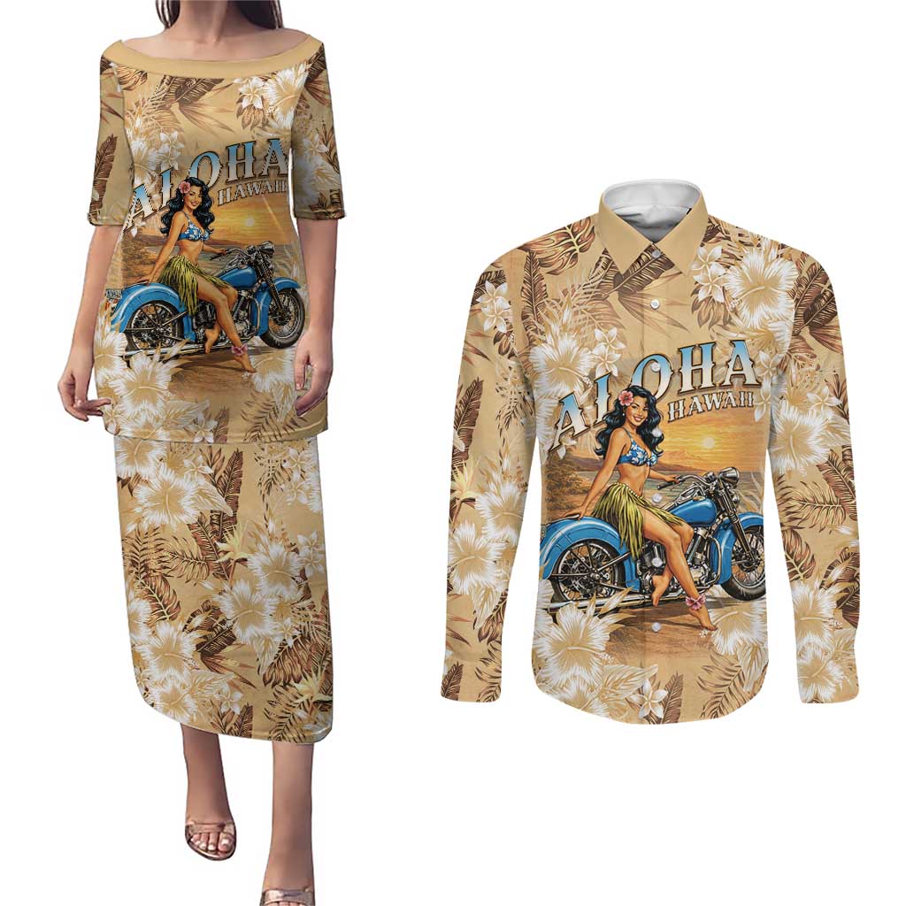 Aloha Hawaii Biker Couples Matching Puletasi and Long Sleeve Button Shirt Ride To Paradise