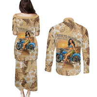 Aloha Hawaii Biker Couples Matching Puletasi and Long Sleeve Button Shirt Ride To Paradise
