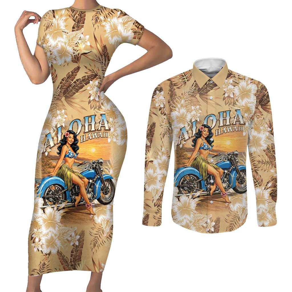 Aloha Hawaii Biker Couples Matching Short Sleeve Bodycon Dress and Long Sleeve Button Shirt Ride To Paradise