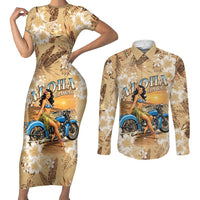 Aloha Hawaii Biker Couples Matching Short Sleeve Bodycon Dress and Long Sleeve Button Shirt Ride To Paradise