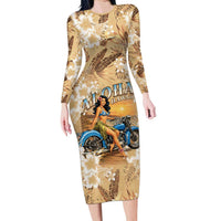 Aloha Hawaii Biker Family Matching Long Sleeve Bodycon Dress and Hawaiian Shirt Ride To Paradise LT05 Mom's Dress Beige - Polynesian Pride