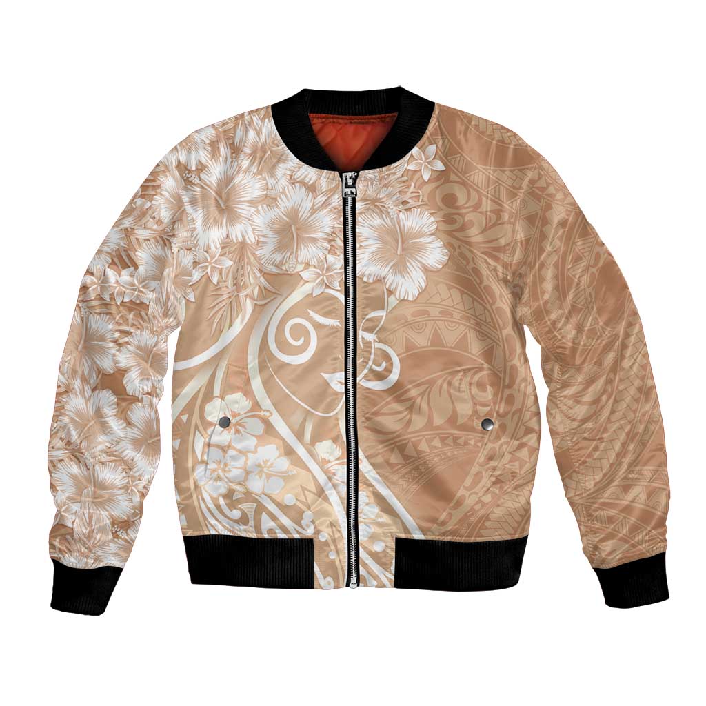 Polynesian Women's Day Bomber Jacket Brown Hibiscus Flowers With Polynesian Pattern