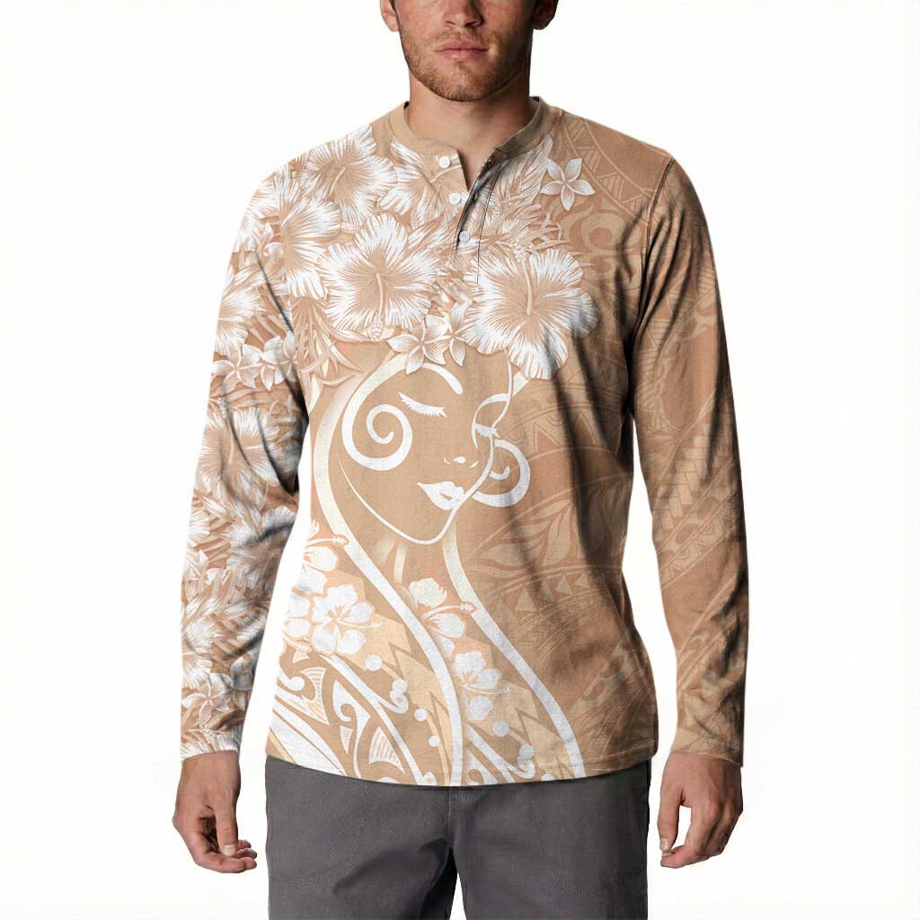 Polynesian Women's Day Button Sweatshirt Brown Hibiscus Flowers With Polynesian Pattern