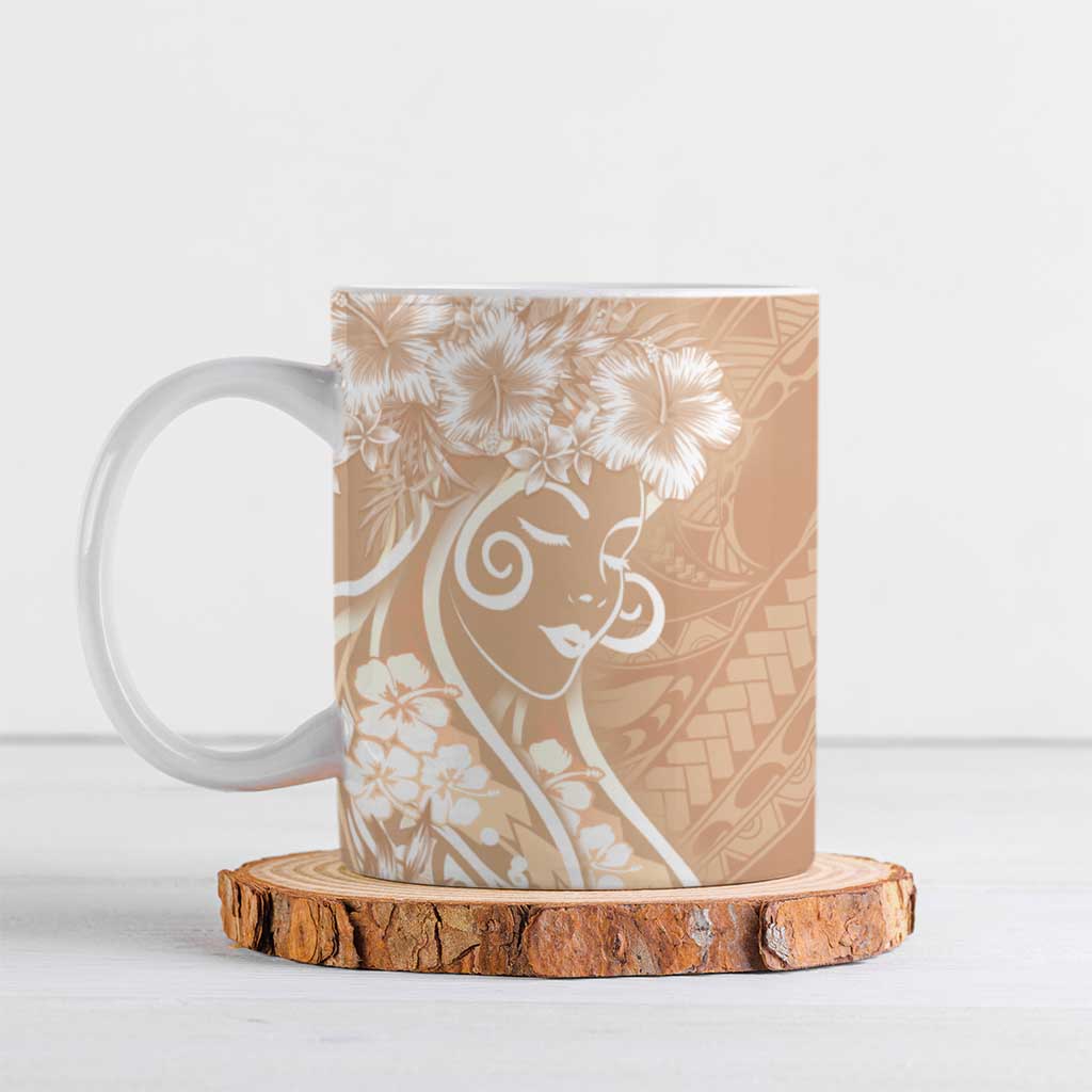 Polynesian Women's Day Ceramic Mug Brown Hibiscus Flowers With Polynesian Pattern
