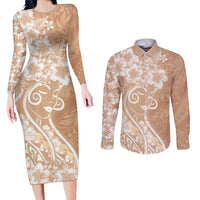 Polynesian Women's Day Couples Matching Long Sleeve Bodycon Dress and Long Sleeve Button Shirt Brown Hibiscus Flowers With Polynesian Pattern