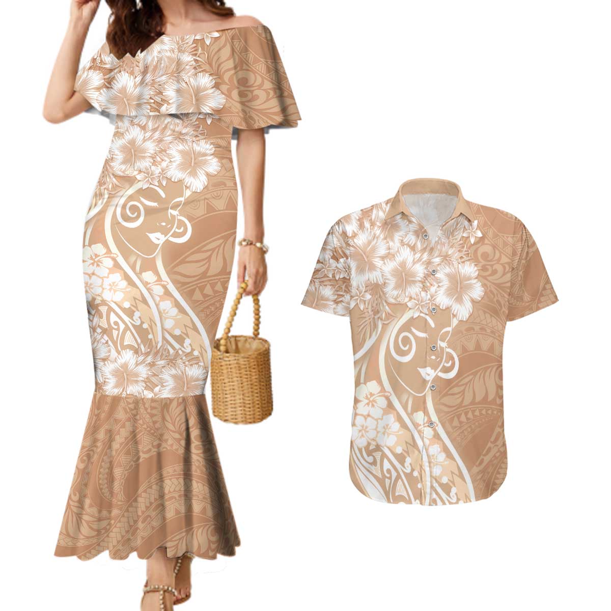 Polynesian Women's Day Couples Matching Mermaid Dress and Hawaiian Shirt Brown Hibiscus Flowers With Polynesian Pattern