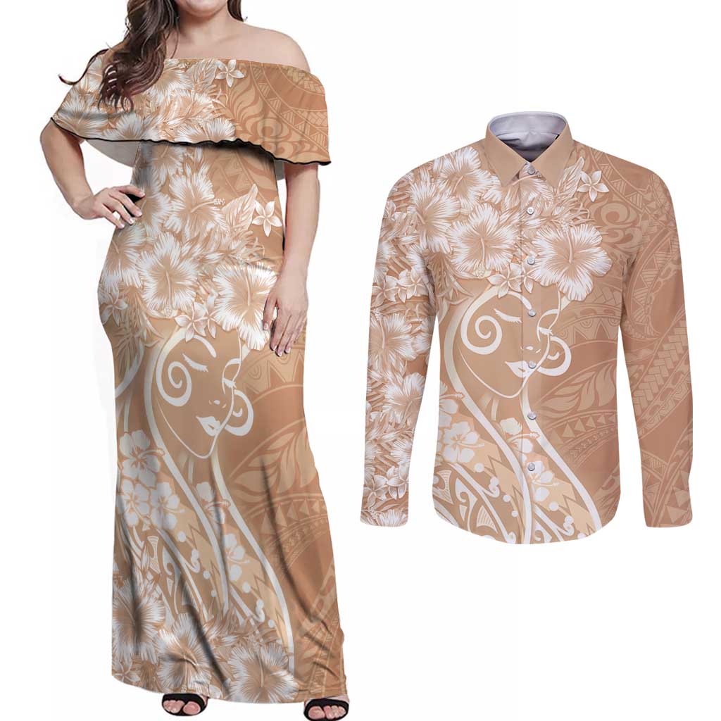 Polynesian Women's Day Couples Matching Off Shoulder Maxi Dress and Long Sleeve Button Shirt Brown Hibiscus Flowers With Polynesian Pattern