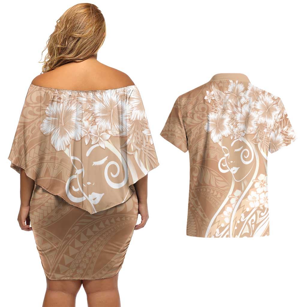Polynesian Women's Day Couples Matching Off Shoulder Short Dress and Hawaiian Shirt Brown Hibiscus Flowers With Polynesian Pattern