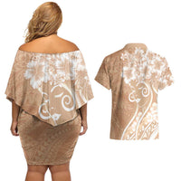 Polynesian Women's Day Couples Matching Off Shoulder Short Dress and Hawaiian Shirt Brown Hibiscus Flowers With Polynesian Pattern