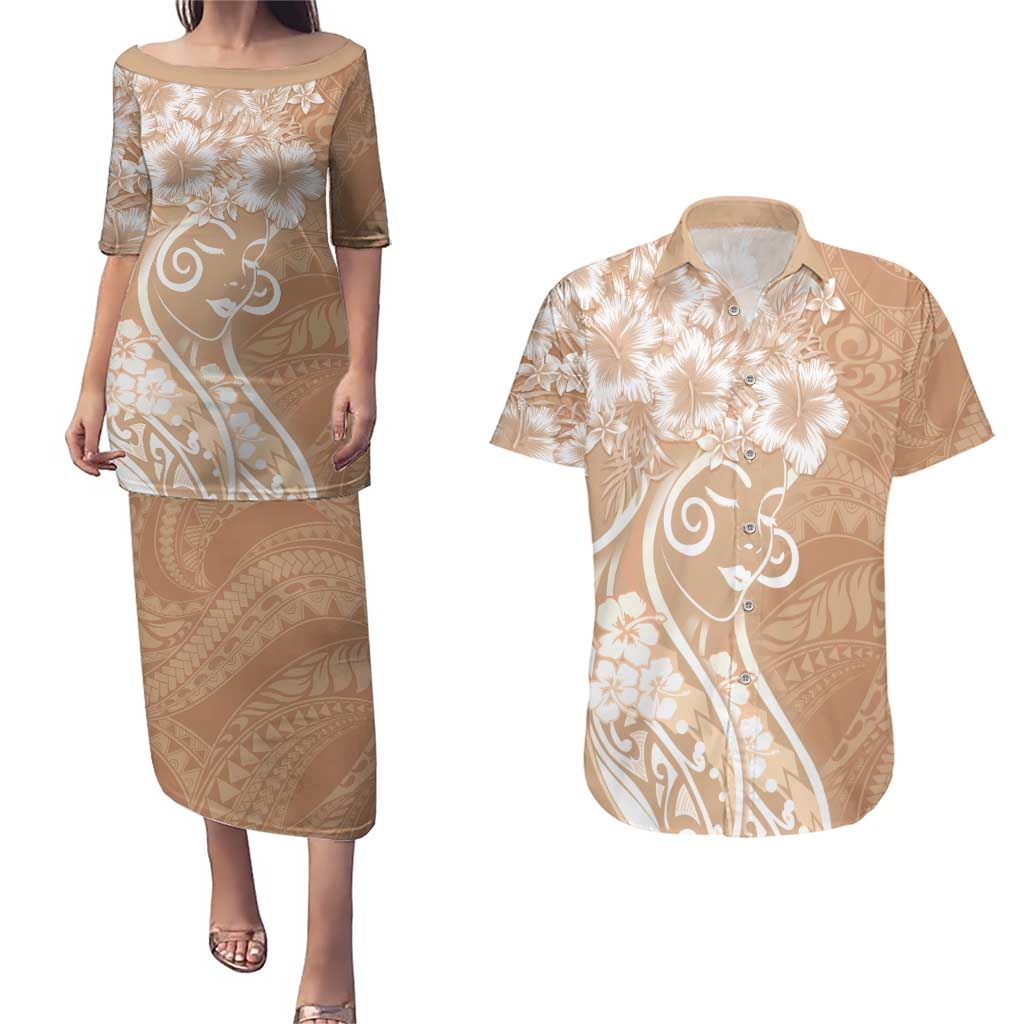 Polynesian Women's Day Couples Matching Puletasi and Hawaiian Shirt Brown Hibiscus Flowers With Polynesian Pattern