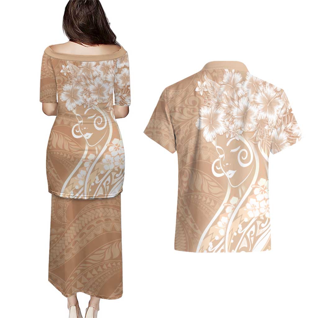 Polynesian Women's Day Couples Matching Puletasi and Hawaiian Shirt Brown Hibiscus Flowers With Polynesian Pattern