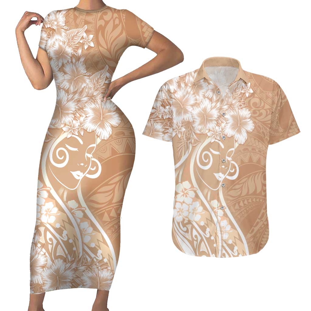 Polynesian Women's Day Couples Matching Short Sleeve Bodycon Dress and Hawaiian Shirt Brown Hibiscus Flowers With Polynesian Pattern