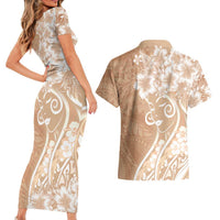 Polynesian Women's Day Couples Matching Short Sleeve Bodycon Dress and Hawaiian Shirt Brown Hibiscus Flowers With Polynesian Pattern