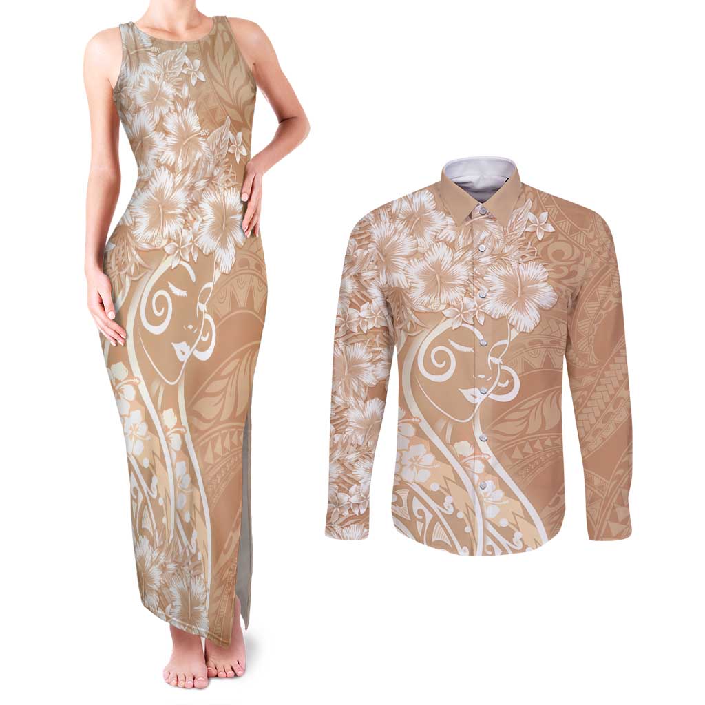 Polynesian Women's Day Couples Matching Tank Maxi Dress and Long Sleeve Button Shirt Brown Hibiscus Flowers With Polynesian Pattern