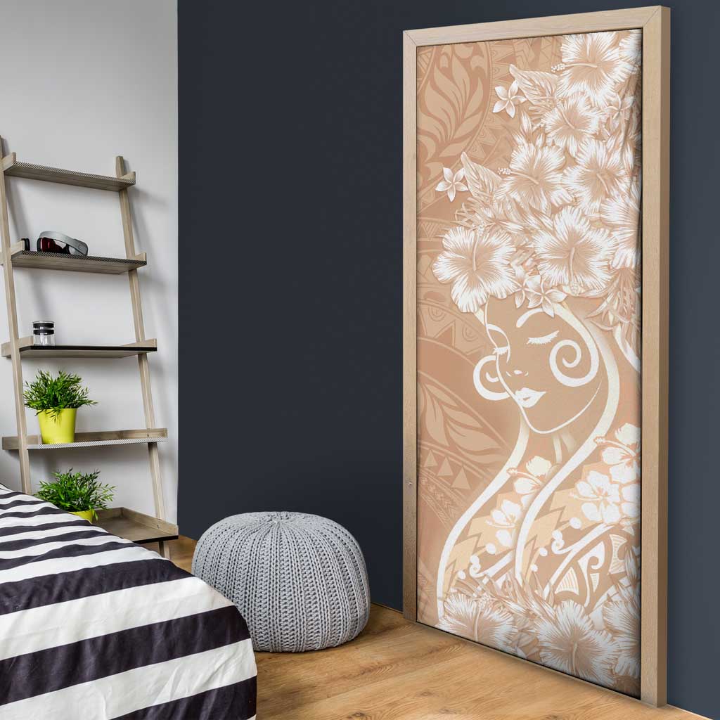 Polynesian Women's Day Door Cover Brown Hibiscus Flowers With Polynesian Pattern
