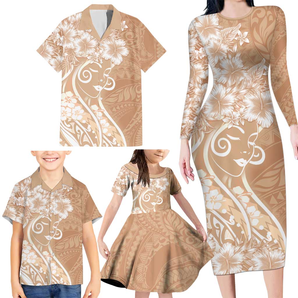 Polynesian Women's Day Family Matching Long Sleeve Bodycon Dress and Hawaiian Shirt Brown Hibiscus Flowers With Polynesian Pattern LT05 - Polynesian Pride