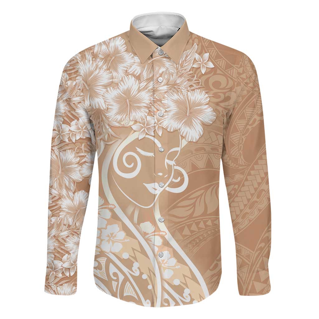 Polynesian Women's Day Family Matching Off The Shoulder Long Sleeve Dress and Hawaiian Shirt Brown Hibiscus Flowers With Polynesian Pattern LT05 Dad's Shirt - Long Sleeve Brown - Polynesian Pride