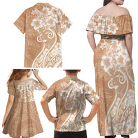 Polynesian Women's Day Family Matching Off Shoulder Maxi Dress and Hawaiian Shirt Brown Hibiscus Flowers With Polynesian Pattern